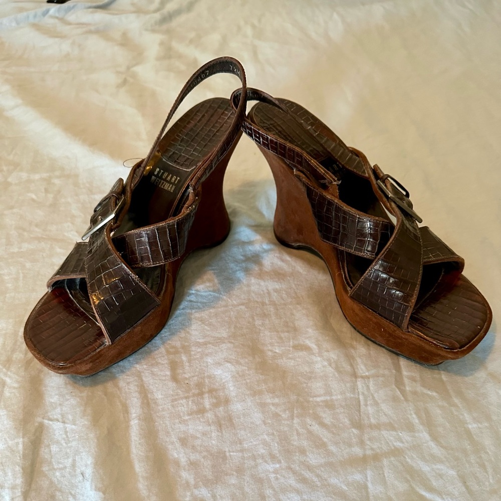 Stuart Weitzman croco-leather and suede wedges